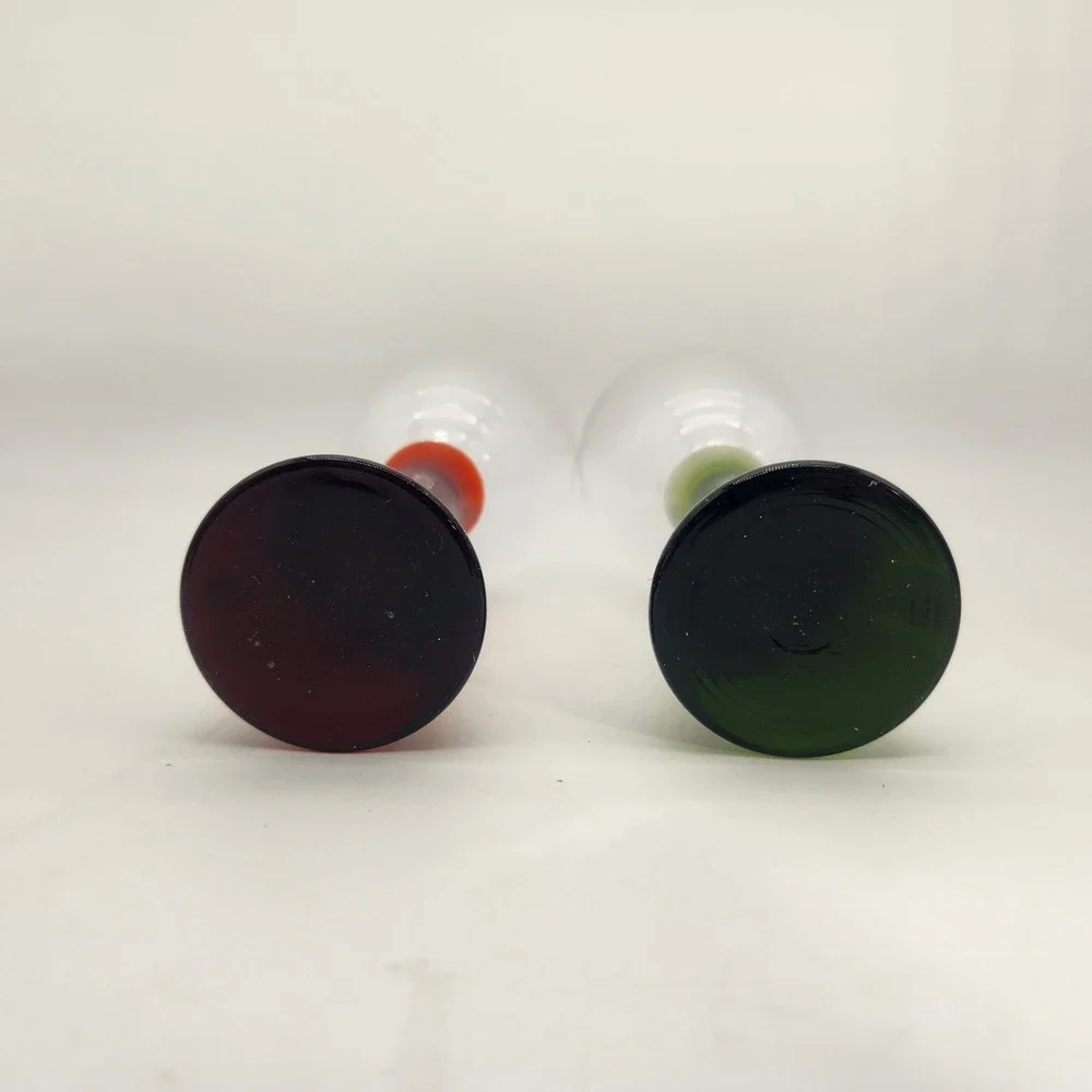2 Danish Influenced Wine Goblets‎ Green & Red Flared Stems Clear Bowls Vintage